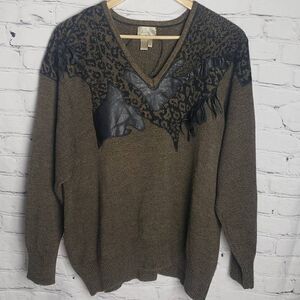 Vintage Ann Wi Black Leather and Dark Brown Sweater